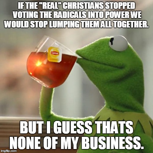 But That's None Of My Business Meme | IF THE "REAL" CHRISTIANS STOPPED VOTING THE RADICALS INTO POWER WE WOULD STOP LUMPING THEM ALL TOGETHER. BUT I GUESS THATS NONE OF MY BUSINE | image tagged in memes,but thats none of my business,kermit the frog,AdviceAnimals | made w/ Imgflip meme maker