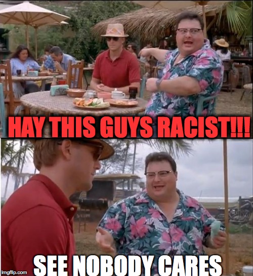 See Nobody Cares Meme | HAY THIS GUYS RACIST!!! SEE NOBODY CARES | image tagged in memes,see nobody cares | made w/ Imgflip meme maker