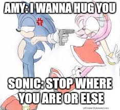 AMY: I WANNA HUG YOU SONIC: STOP WHERE YOU ARE OR ELSE | image tagged in sonic the hedgehog | made w/ Imgflip meme maker