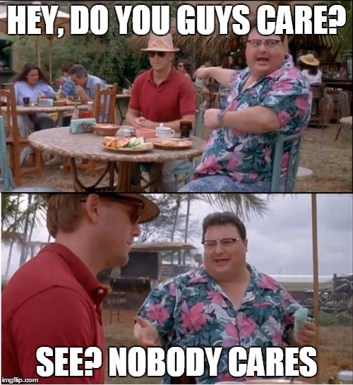 See Nobody Cares | HEY, DO YOU GUYS CARE? SEE? NOBODY CARES | image tagged in memes,see nobody cares | made w/ Imgflip meme maker