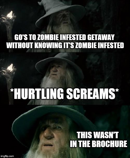 Confused Gandalf | GO'S TO ZOMBIE INFESTED GETAWAY WITHOUT KNOWING IT'S ZOMBIE INFESTED *HURTLING SCREAMS* THIS WASN'T IN THE BROCHURE | image tagged in memes,confused gandalf | made w/ Imgflip meme maker