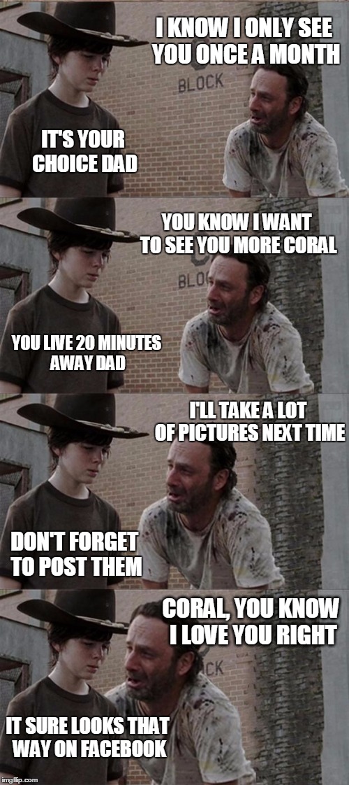 Rick and Carl Long | I KNOW I ONLY SEE YOU ONCE A MONTH IT'S YOUR CHOICE DAD YOU KNOW I WANT TO SEE YOU MORE CORAL YOU LIVE 20 MINUTES AWAY DAD I'LL TAKE A LOT O | image tagged in memes,rick and carl long | made w/ Imgflip meme maker