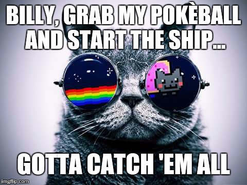 BILLY, GRAB MY POKÈBALL AND START THE SHIP... GOTTA CATCH 'EM ALL | image tagged in cats,glasses,space,pokemon | made w/ Imgflip meme maker