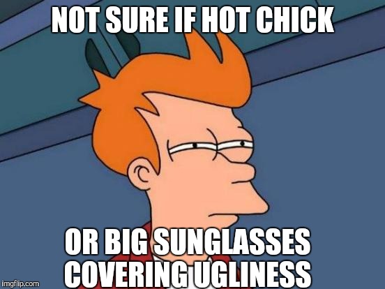 Futurama Fry Meme | NOT SURE IF HOT CHICK OR BIG SUNGLASSES COVERING UGLINESS | image tagged in memes,futurama fry | made w/ Imgflip meme maker