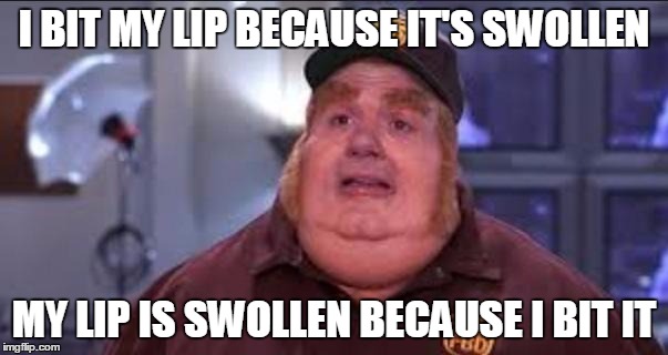 Fat Bastard | I BIT MY LIP BECAUSE IT'S SWOLLEN MY LIP IS SWOLLEN BECAUSE I BIT IT | image tagged in fat bastard,AdviceAnimals | made w/ Imgflip meme maker