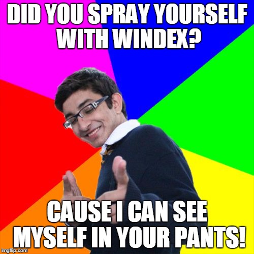 Subtle Pickup Liner Meme | DID YOU SPRAY YOURSELF WITH WINDEX? CAUSE I CAN SEE MYSELF IN YOUR PANTS! | image tagged in memes,subtle pickup liner | made w/ Imgflip meme maker
