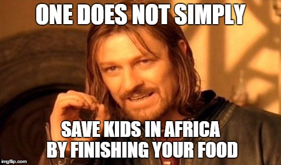 One Does Not Simply Meme | ONE DOES NOT SIMPLY SAVE KIDS IN AFRICA BY FINISHING YOUR FOOD | image tagged in memes,one does not simply | made w/ Imgflip meme maker