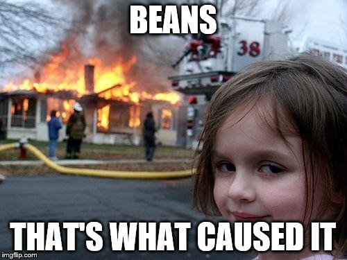 Disaster Girl Meme | BEANS THAT'S WHAT CAUSED IT | image tagged in memes,disaster girl | made w/ Imgflip meme maker