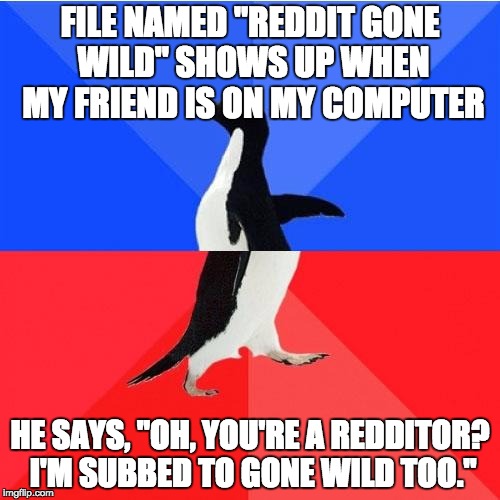 Socially Awkward Awesome Penguin | FILE NAMED "REDDIT GONE WILD" SHOWS UP WHEN MY FRIEND IS ON MY COMPUTER HE SAYS, "OH, YOU'RE A REDDITOR? I'M SUBBED TO GONE WILD TOO." | image tagged in memes,socially awkward awesome penguin | made w/ Imgflip meme maker