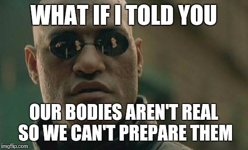 Matrix Morpheus Meme | WHAT IF I TOLD YOU OUR BODIES AREN'T REAL SO WE CAN'T PREPARE THEM | image tagged in memes,matrix morpheus | made w/ Imgflip meme maker