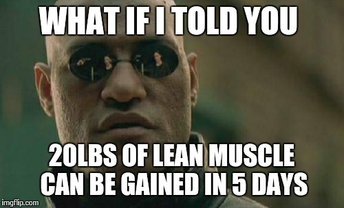 Matrix Morpheus Meme | WHAT IF I TOLD YOU 20LBS OF LEAN MUSCLE CAN BE GAINED IN 5 DAYS | image tagged in memes,matrix morpheus | made w/ Imgflip meme maker