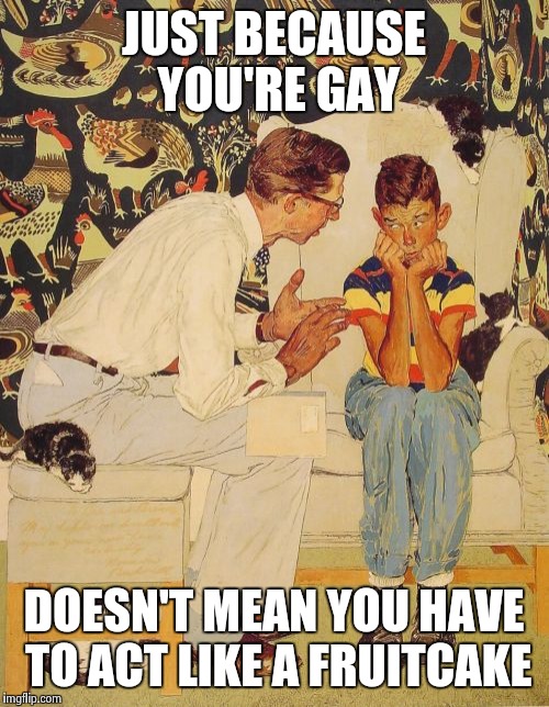 The Problem Is | JUST BECAUSE YOU'RE GAY DOESN'T MEAN YOU HAVE TO ACT LIKE A FRUITCAKE | image tagged in memes,the probelm is | made w/ Imgflip meme maker