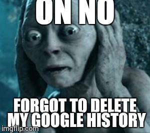 Scared Gollum | ON NO FORGOT TO DELETE MY GOOGLE HISTORY | image tagged in scared gollum | made w/ Imgflip meme maker