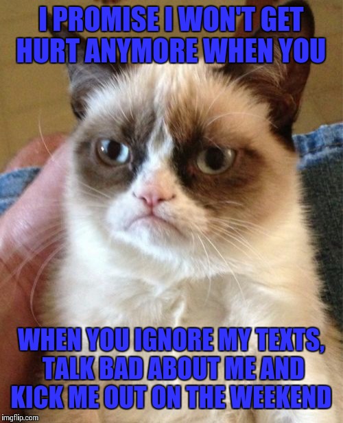 Grumpy Cat Meme | I PROMISE I WON'T GET HURT ANYMORE WHEN YOU WHEN YOU IGNORE MY TEXTS, TALK BAD ABOUT ME AND KICK ME OUT ON THE WEEKEND | image tagged in memes,grumpy cat | made w/ Imgflip meme maker