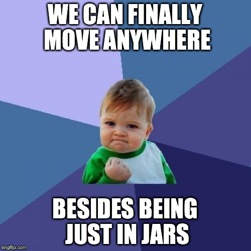 Success Kid Meme | WE CAN FINALLY MOVE ANYWHERE BESIDES BEING JUST IN JARS | image tagged in memes,success kid | made w/ Imgflip meme maker