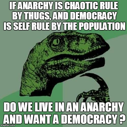 Philosoraptor Meme | IF ANARCHY IS CHAOTIC RULE BY THUGS, AND DEMOCRACY IS SELF RULE BY THE POPULATION DO WE LIVE IN AN ANARCHY AND WANT A DEMOCRACY ? | image tagged in memes,philosoraptor | made w/ Imgflip meme maker