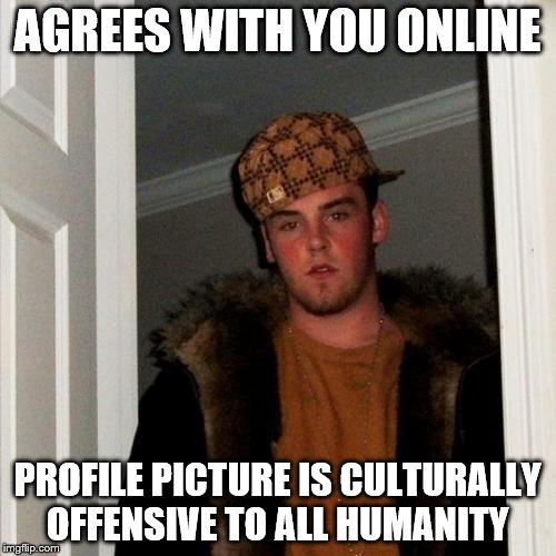 Scumbag Steve Meme | AGREES WITH YOU ONLINE PROFILE PICTURE IS CULTURALLY OFFENSIVE TO ALL HUMANITY | image tagged in memes,scumbag steve | made w/ Imgflip meme maker