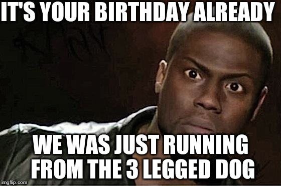 Kevin Hart Meme | IT'S YOUR BIRTHDAY ALREADY WE WAS JUST RUNNING FROM THE 3 LEGGED DOG | image tagged in kevin hart | made w/ Imgflip meme maker