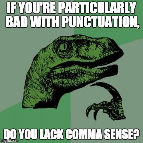 Philosoraptor Meme | IF YOU'RE PARTICULARLY BAD WITH PUNCTUATION, DO YOU LACK COMMA SENSE? | image tagged in memes,philosoraptor | made w/ Imgflip meme maker