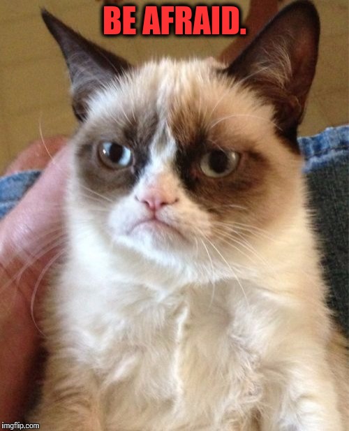 BE AFRAID. | image tagged in memes,grumpy cat | made w/ Imgflip meme maker
