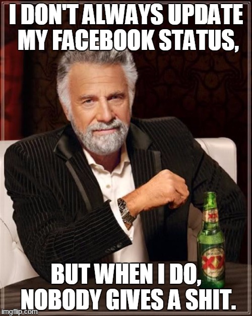 Facebook 4 | I DON'T ALWAYS UPDATE MY FACEBOOK STATUS, BUT WHEN I DO, NOBODY GIVES A SHIT. | image tagged in memes,the most interesting man in the world | made w/ Imgflip meme maker