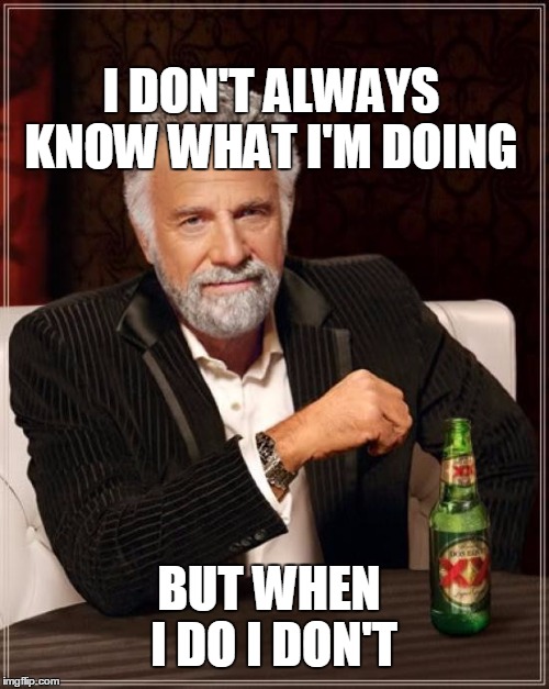 The Most Interesting Man In The World Meme | I DON'T ALWAYS KNOW WHAT I'M DOING BUT WHEN I DO I DON'T | image tagged in memes,the most interesting man in the world | made w/ Imgflip meme maker