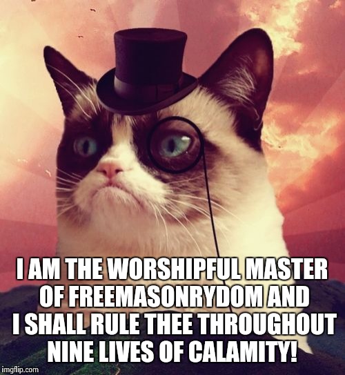 Grumpy Cat Top Hat | I AM THE WORSHIPFUL MASTER OF FREEMASONRYDOM AND I SHALL RULE THEE THROUGHOUT NINE LIVES OF CALAMITY! | image tagged in memes,grumpy cat top hat,grumpy cat | made w/ Imgflip meme maker