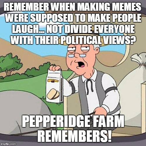 Pepperidge Farm Remembers | REMEMBER WHEN MAKING MEMES WERE SUPPOSED TO MAKE PEOPLE LAUGH... NOT DIVIDE EVERYONE WITH THEIR POLITICAL VIEWS? PEPPERIDGE FARM REMEMBERS! | image tagged in memes,pepperidge farm remembers | made w/ Imgflip meme maker