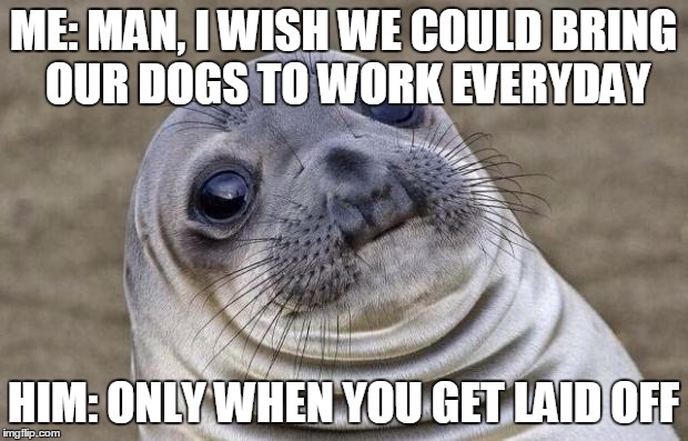 Awkward Moment Sealion Meme | ME: MAN, I WISH WE COULD BRING OUR DOGS TO WORK EVERYDAY HIM: ONLY WHEN YOU GET LAID OFF | image tagged in memes,awkward moment sealion | made w/ Imgflip meme maker