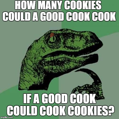 Philosorapido pronuncio | HOW MANY COOKIES COULD A GOOD COOK COOK IF A GOOD COOK COULD COOK COOKIES? | image tagged in memes,philosoraptor | made w/ Imgflip meme maker