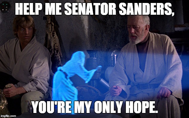 HELP ME SENATOR SANDERS, YOU'RE MY ONLY HOPE. | image tagged in sanders,hope,senatorsanders,sanders2016 | made w/ Imgflip meme maker