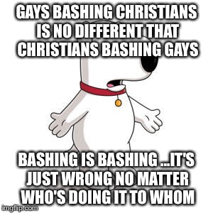 Family Guy Brian Meme | GAYS BASHING CHRISTIANS IS NO DIFFERENT THAT CHRISTIANS BASHING GAYS BASHING IS BASHING ...IT'S JUST WRONG NO MATTER WHO'S DOING IT TO WHOM | image tagged in memes,family guy brian | made w/ Imgflip meme maker