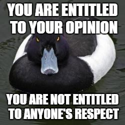 Angry Advice Mallard | YOU ARE ENTITLED TO YOUR OPINION YOU ARE NOT ENTITLED TO ANYONE'S RESPECT | image tagged in angry advice mallard,AdviceAnimals | made w/ Imgflip meme maker