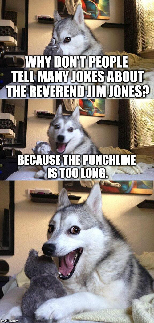 Bad Pun Dog Meme | WHY DON'T PEOPLE TELL MANY JOKES ABOUT THE REVEREND JIM JONES? BECAUSE THE PUNCHLINE IS TOO LONG. | image tagged in memes,bad pun dog | made w/ Imgflip meme maker