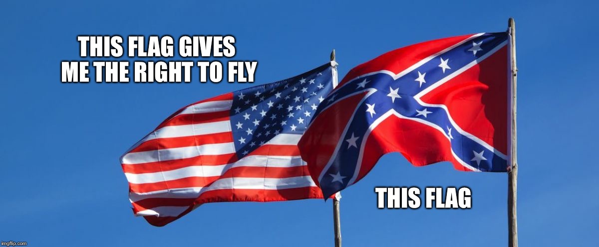 Confederate/American Flag | THIS FLAG GIVES ME THE RIGHT TO FLY THIS FLAG | image tagged in confederate/american flag | made w/ Imgflip meme maker