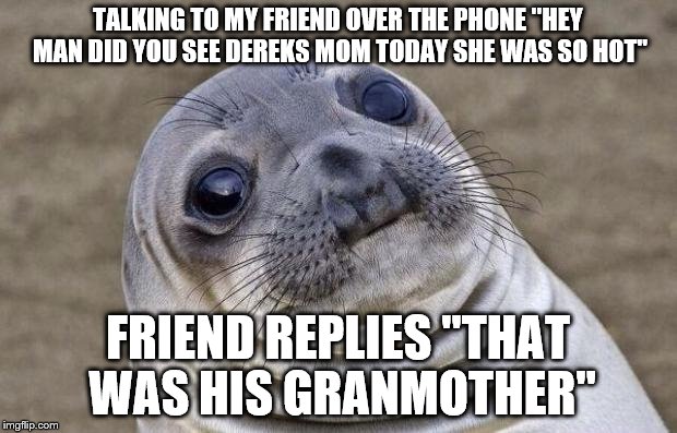 Awkward Moment Sealion | TALKING TO MY FRIEND OVER THE PHONE ''HEY MAN DID YOU SEE DEREKS MOM TODAY SHE WAS SO HOT'' FRIEND REPLIES ''THAT WAS HIS GRANMOTHER'' | image tagged in memes,awkward moment sealion | made w/ Imgflip meme maker