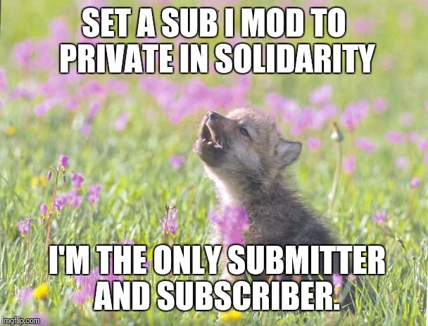 Baby Insanity Wolf | SET A SUB I MOD TO PRIVATE IN SOLIDARITY I'M THE ONLY SUBMITTER AND SUBSCRIBER. | image tagged in memes,baby insanity wolf,AdviceAnimals | made w/ Imgflip meme maker