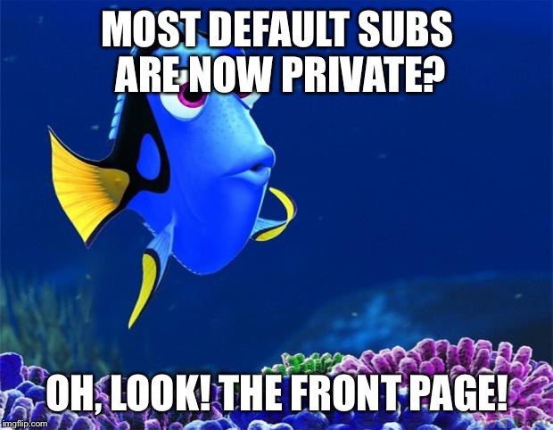 Dory | MOST DEFAULT SUBS ARE NOW PRIVATE? OH, LOOK! THE FRONT PAGE! | image tagged in dory,AdviceAnimals | made w/ Imgflip meme maker