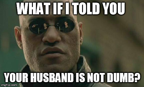 Matrix Morpheus Meme | WHAT IF I TOLD YOU YOUR HUSBAND IS NOT DUMB? | image tagged in memes,matrix morpheus | made w/ Imgflip meme maker