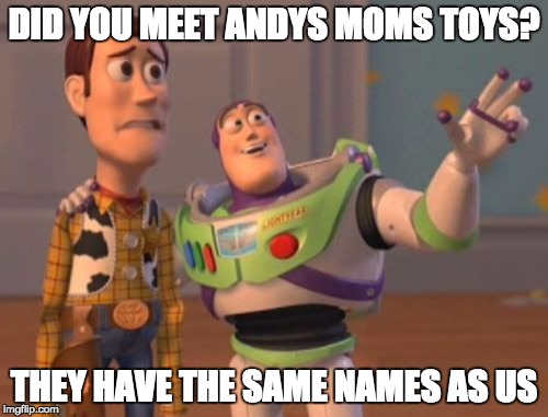 Andys Moms Toys | DID YOU MEET ANDYS MOMS TOYS? THEY HAVE THE SAME NAMES AS US | image tagged in memes,x x everywhere | made w/ Imgflip meme maker