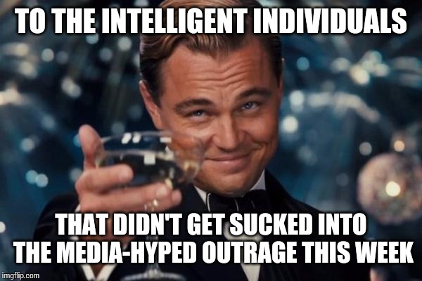 Perhaps cooler heads will prevail.  | TO THE INTELLIGENT INDIVIDUALS THAT DIDN'T GET SUCKED INTO THE MEDIA-HYPED OUTRAGE THIS WEEK | image tagged in memes,leonardo dicaprio cheers | made w/ Imgflip meme maker