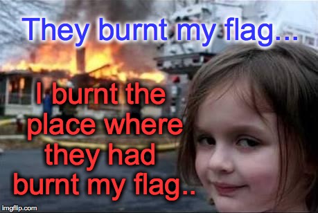 Burning House Girl | They burnt my flag... I burnt the place where they had  burnt my flag.. | image tagged in burning house girl | made w/ Imgflip meme maker