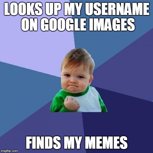 I actually used SafeSearch, but it's close enough. | LOOKS UP MY USERNAME ON GOOGLE IMAGES FINDS MY MEMES | image tagged in memes,success kid | made w/ Imgflip meme maker