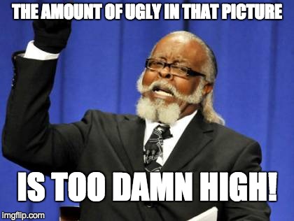 Too Damn High Meme | THE AMOUNT OF UGLY IN THAT PICTURE IS TOO DAMN HIGH! | image tagged in memes,too damn high | made w/ Imgflip meme maker