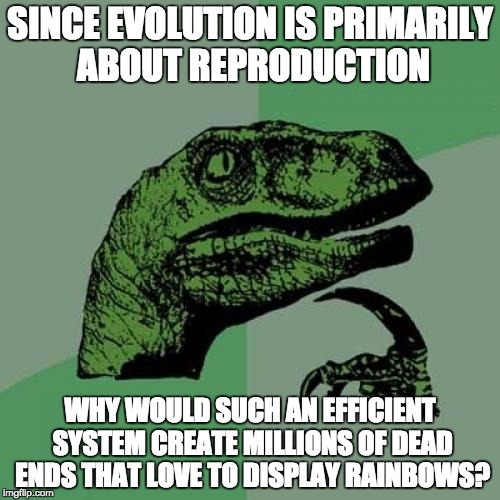 Philosoraptor | SINCE EVOLUTION IS PRIMARILY ABOUT REPRODUCTION WHY WOULD SUCH AN EFFICIENT SYSTEM CREATE MILLIONS OF DEAD ENDS THAT LOVE TO DISPLAY RAINBOW | image tagged in memes,philosoraptor | made w/ Imgflip meme maker