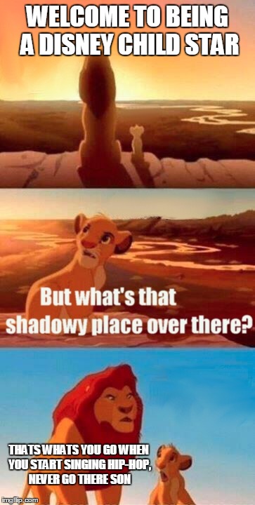 Simba Shadowy Place Meme | WELCOME TO BEING A DISNEY CHILD STAR THATS WHATS YOU GO WHEN YOU START SINGING HIP-HOP, NEVER GO THERE SON | image tagged in memes,simba shadowy place | made w/ Imgflip meme maker