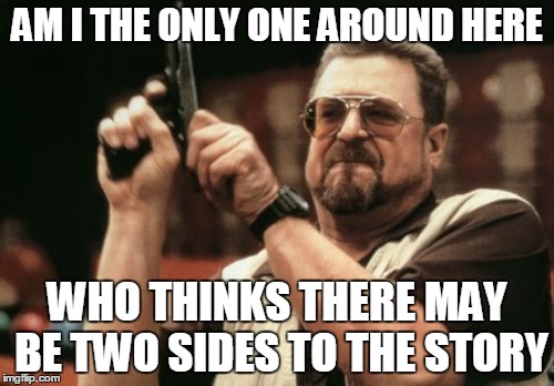 Am I The Only One Around Here | AM I THE ONLY ONE AROUND HERE WHO THINKS THERE MAY BE TWO SIDES TO THE STORY | image tagged in memes,am i the only one around here | made w/ Imgflip meme maker