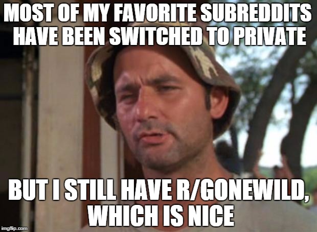 So I Got That Goin For Me Which Is Nice | MOST OF MY FAVORITE SUBREDDITS HAVE BEEN SWITCHED TO PRIVATE BUT I STILL HAVE R/GONEWILD, WHICH IS NICE | image tagged in memes,so i got that goin for me which is nice,AdviceAnimals | made w/ Imgflip meme maker