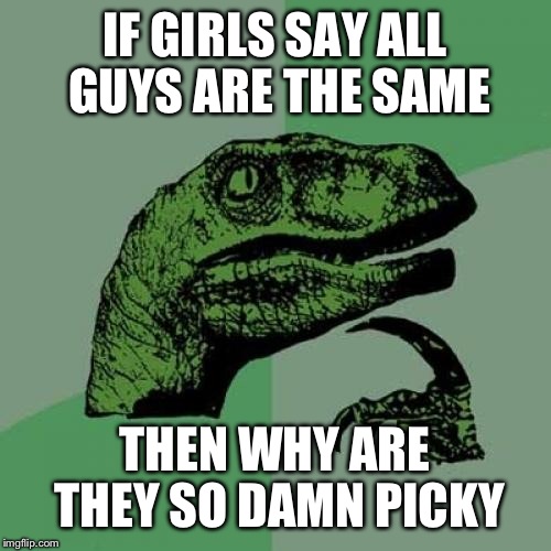 Philosoraptor Meme | IF GIRLS SAY ALL GUYS ARE THE SAME THEN WHY ARE THEY SO DAMN PICKY | image tagged in memes,philosoraptor | made w/ Imgflip meme maker