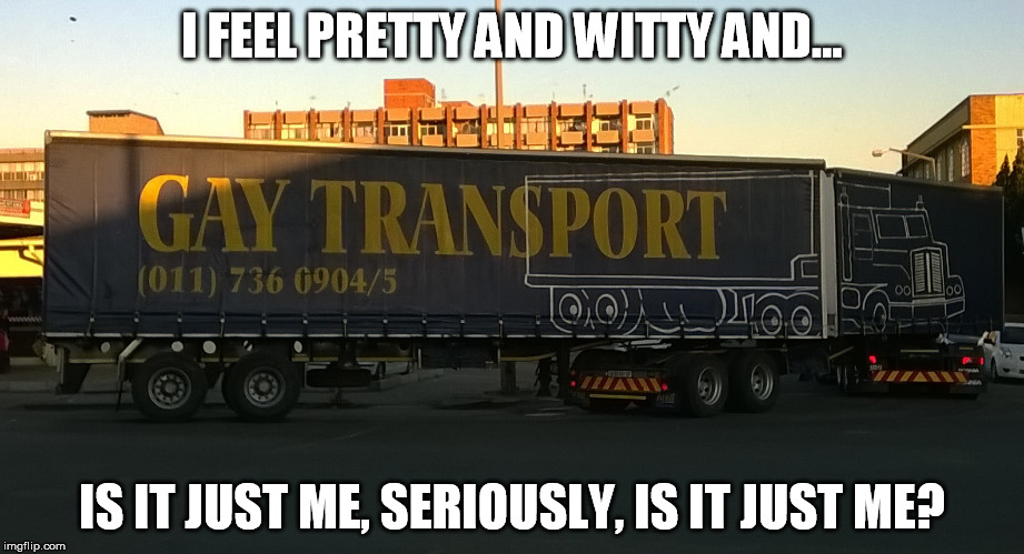 Gay Transport | I FEEL PRETTY AND WITTY AND... IS IT JUST ME, SERIOUSLY, IS IT JUST ME? | image tagged in gay | made w/ Imgflip meme maker
